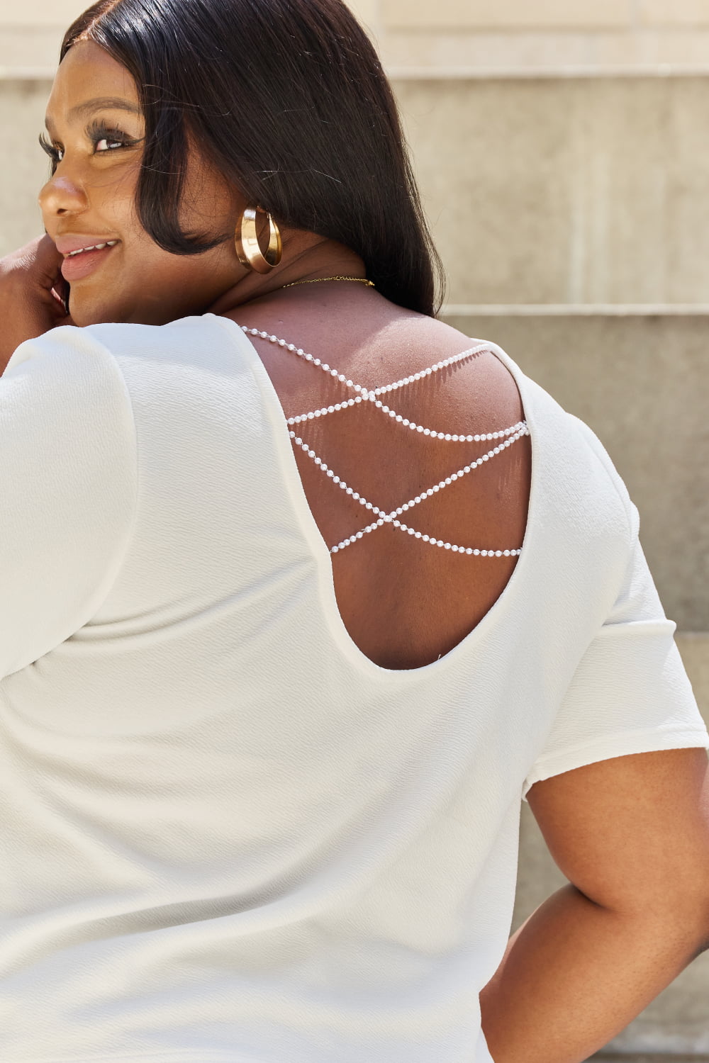 And The Why Pearly White Full Size Criss Cross Pearl Detail Open Back T-Shirt *