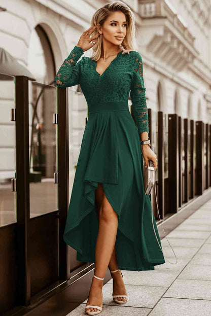 Full Size Lace High-Low V-Neck Dress