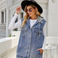 Drawstring Pocketed Button Up Sleeveless Denim Jacket