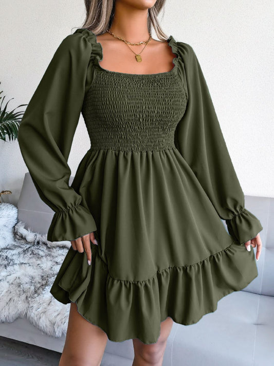 SoChic Smocked Flounce Sleeve Square Neck Mini Dress