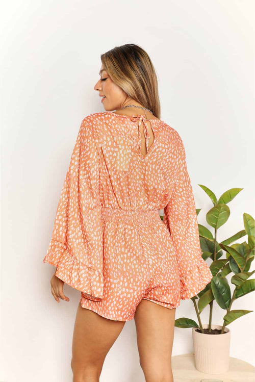 Double Take Printed Flare Sleeve Surplice Romper *