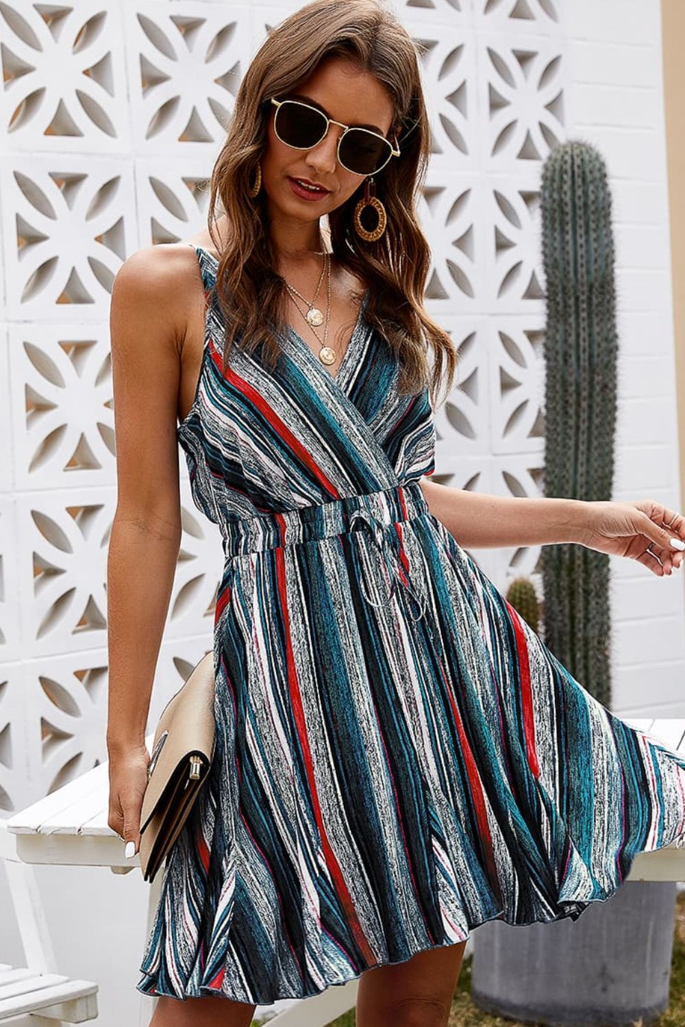 SUMMERLEA Striped Surplice Neck Spaghetti Strap Dress