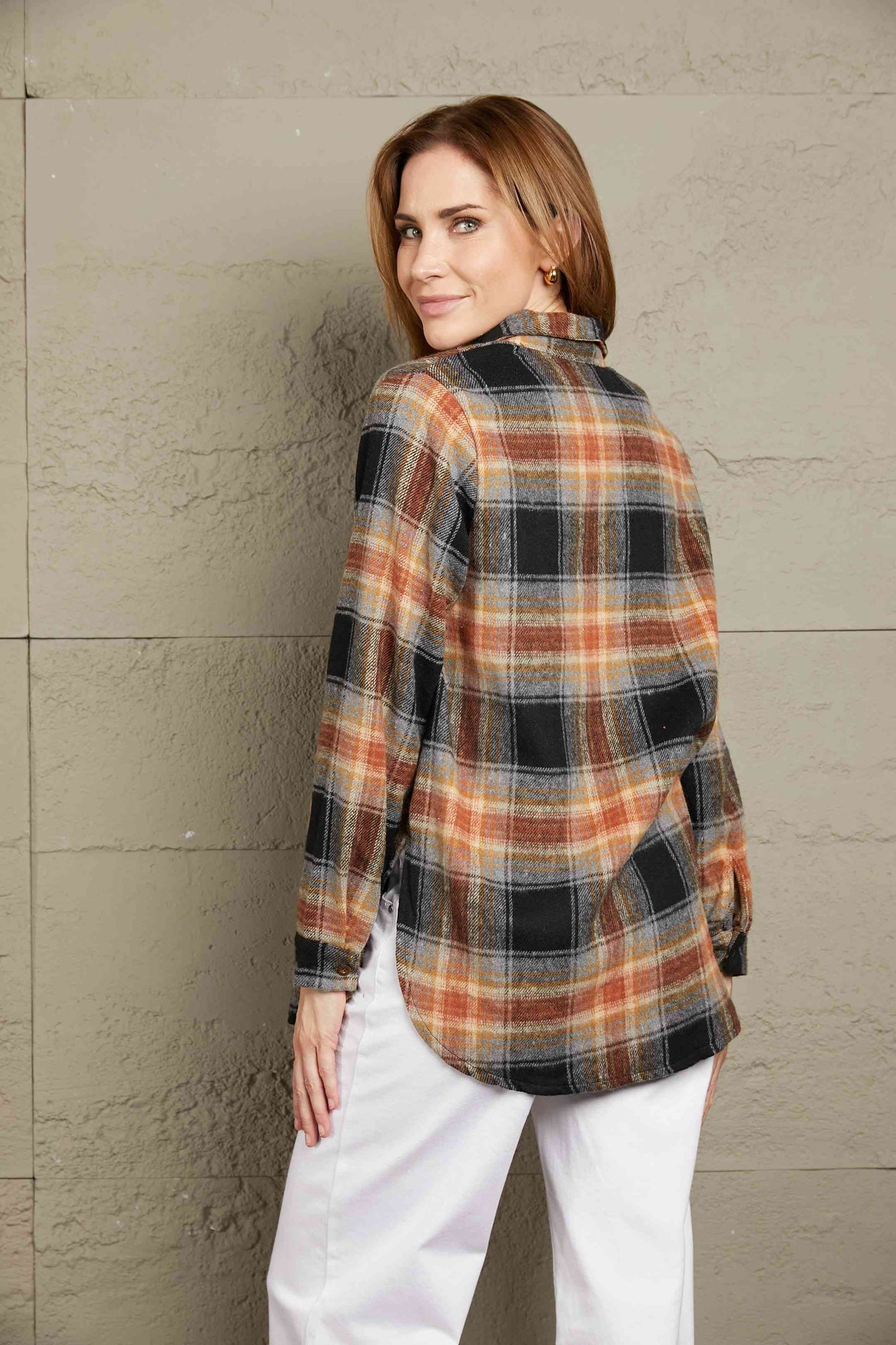 Double Take Black Plaid Side Slit Curved Hem Shirt