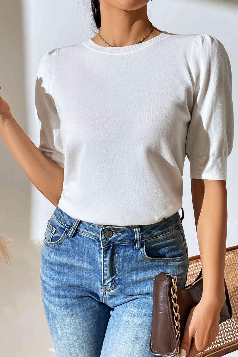 Round Neck Puff Sleeve Knit Top