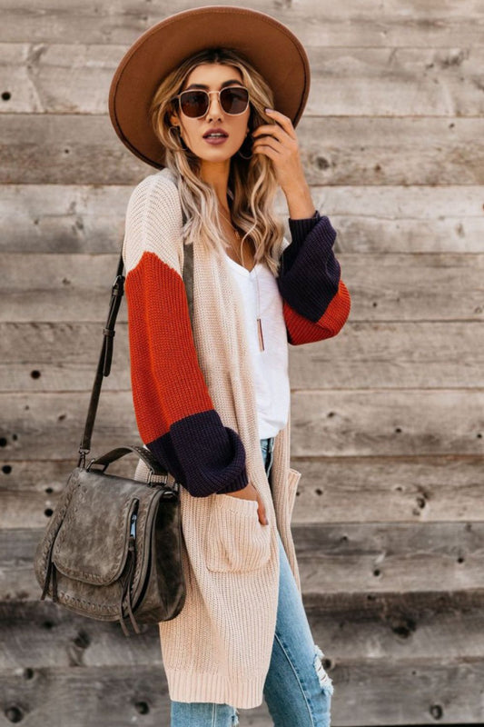 Women's Color Block Rib-Knit Open Front Duster Cardigan