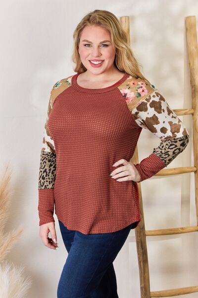 Hailey & Co Full Size Leopard Waffle-Knit Blouse *