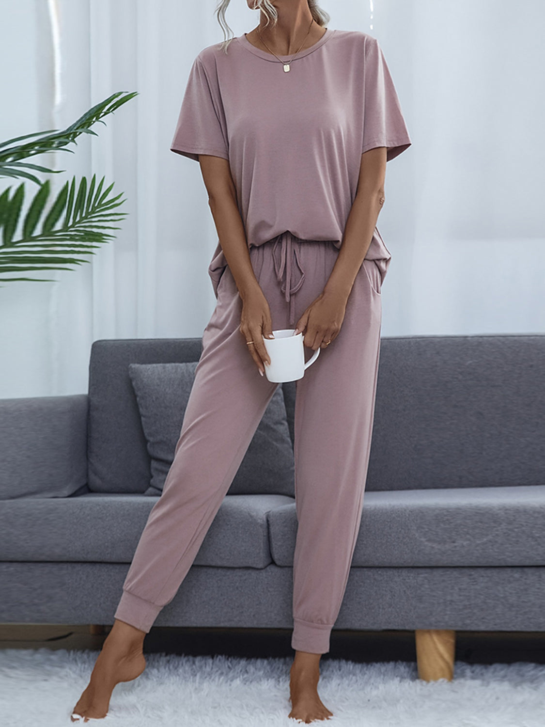 Full Size Round Neck Short Sleeve Top and Pants Set