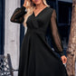 ZaLaquite Surplice Neck Swiss Dot Long Sleeve Dress
