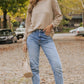 Waffle-Knit Round Neck Long Sleeve Blouse