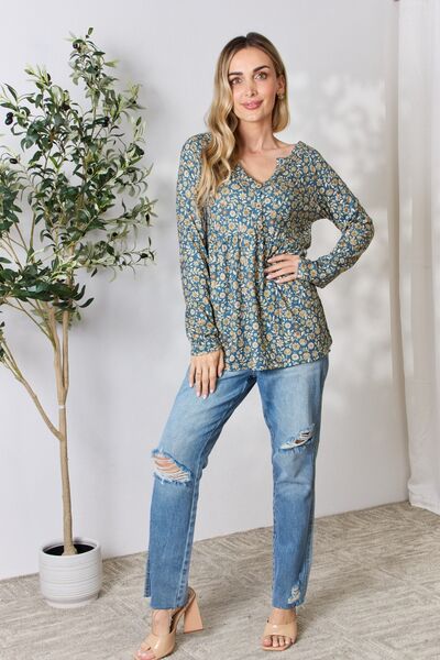 Heimish Full Size Floral Half Button Long Sleeve Blouse *