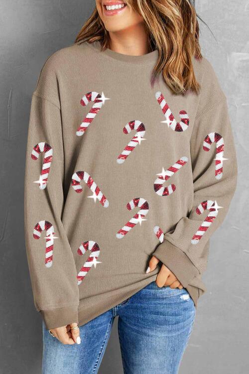 Christmas Themed Sequin Candy Cane Round Neck Sweatshirt