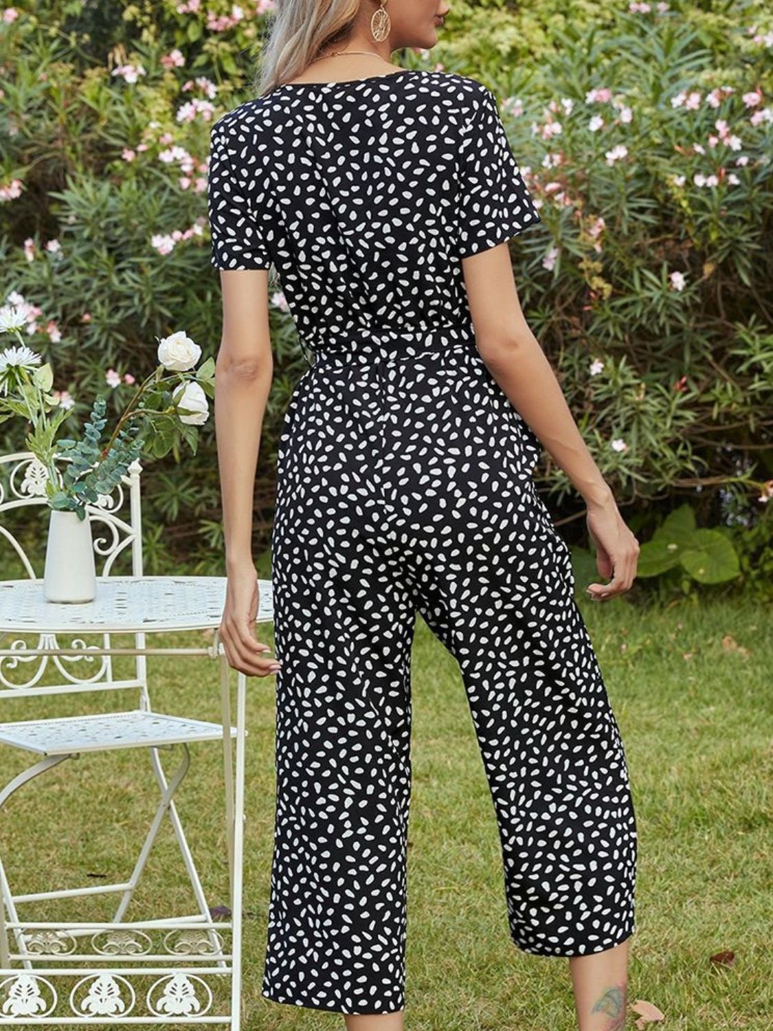 Black Printed V-Neck Short Sleeve Jumpsuit