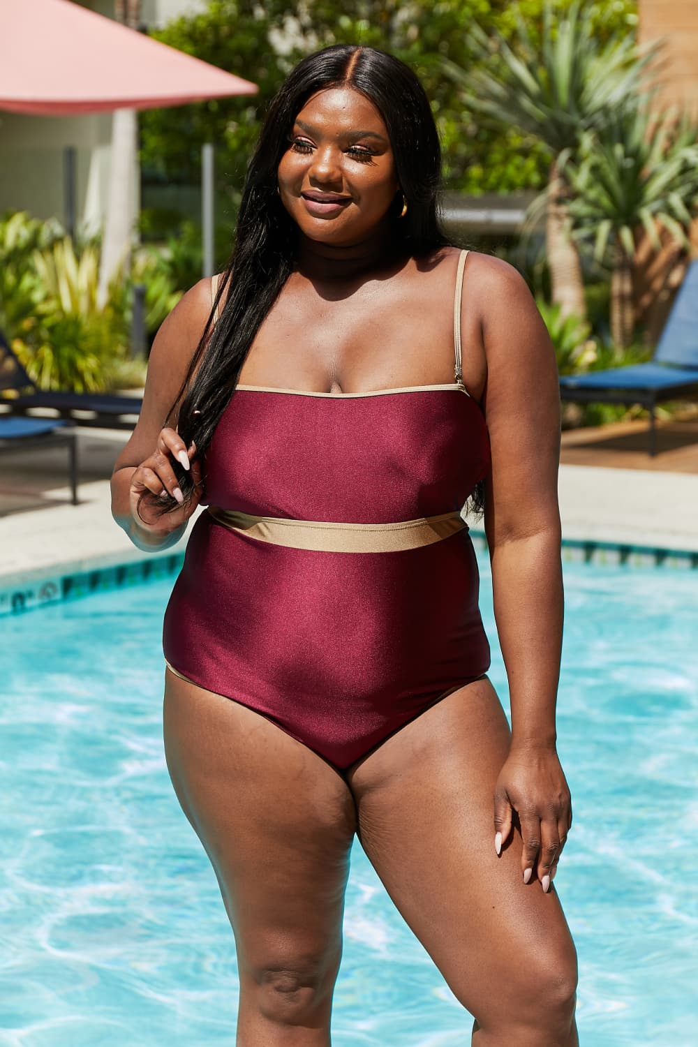 Marina West Swim Full Size Wave Break Contrast Trim One-Piece in Wine