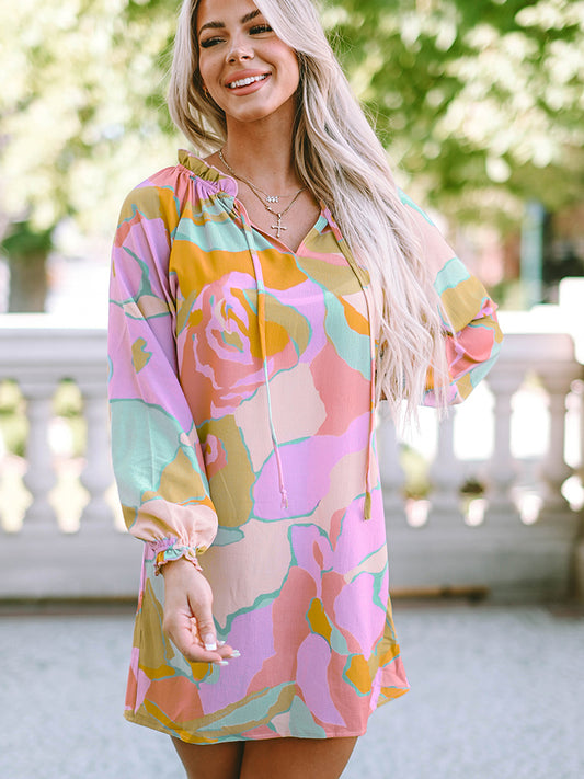 Multicolor Printed Tie Neck Long Sleeve Dress