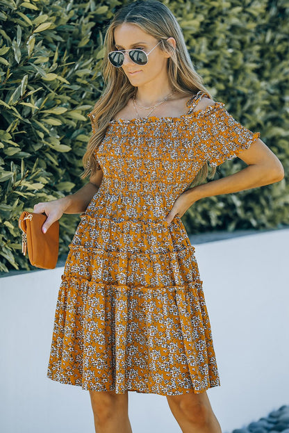 Floral Ochre Tiered Frill Trim Smocked Dress