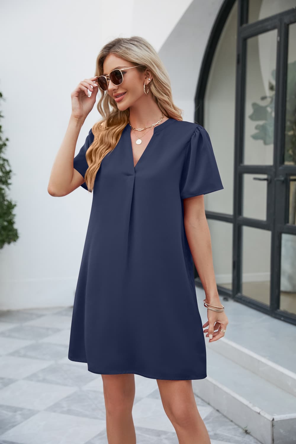 Full Size Notched Puff Sleeve Shift Dress