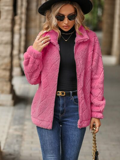 Full Size Fuzzy Pocketed Zip Up Jacket