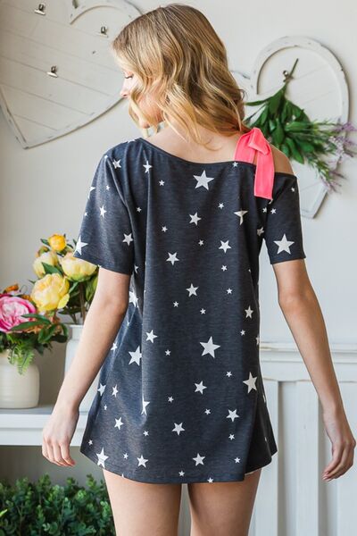 Heimish Full Size Star Print Asymmetrical Neck Short Sleeve Top *