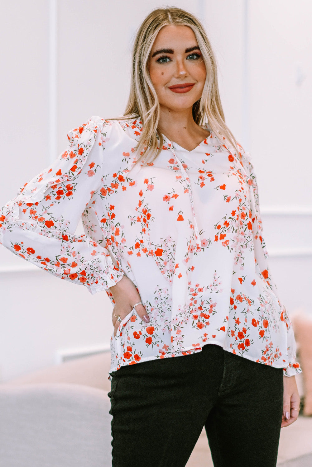 Women's Plus Size Floral Tie Neck High-Low Blouse