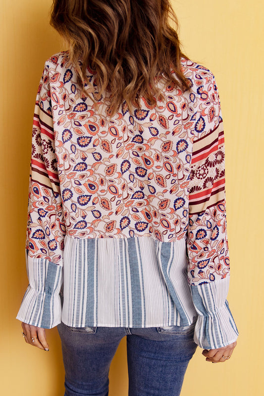 Women's Full Size Floral Striped Flounce Sleeve Blouse