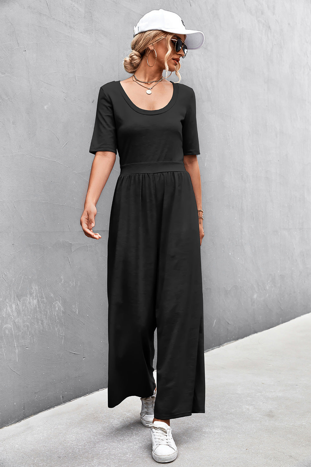 Women's Scoop Neck Half Sleeve Wide Leg Jumpsuit