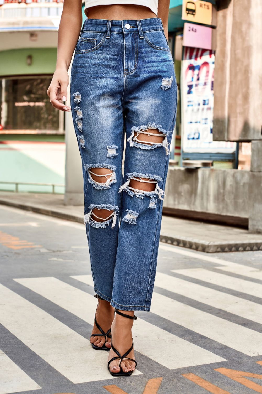 BeyondYou Distressed Buttoned Jeans with Pockets