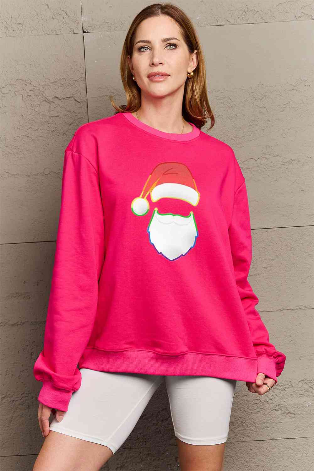 Simply Love Full Size Rainbow Christmas Santa Graphic Round Neck Sweatshirt