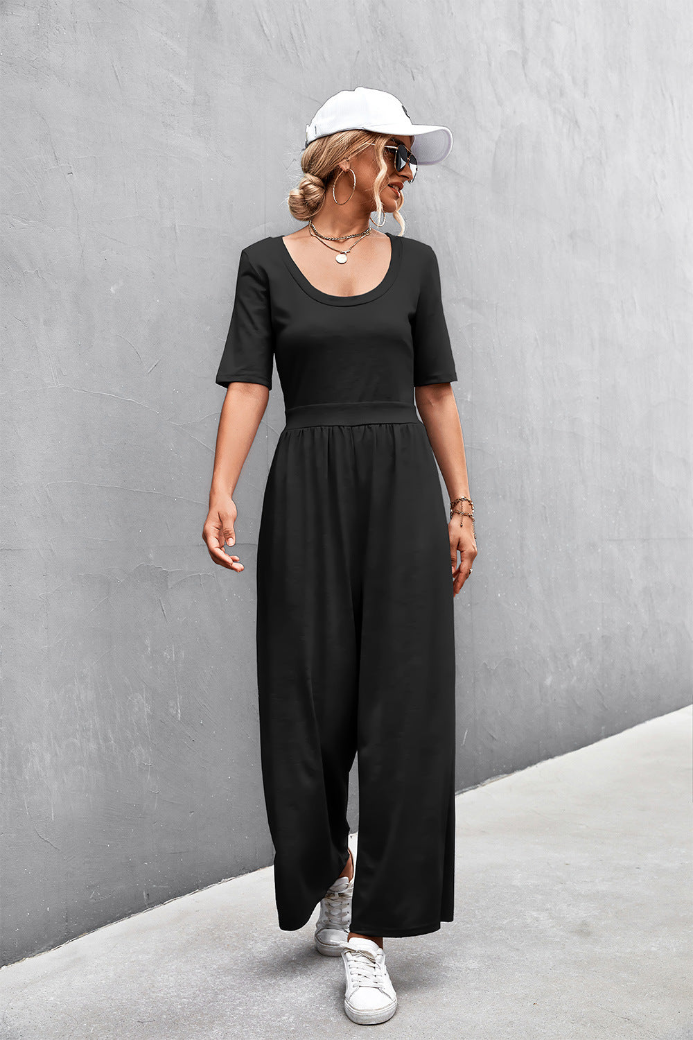 Women's Scoop Neck Half Sleeve Wide Leg Jumpsuit