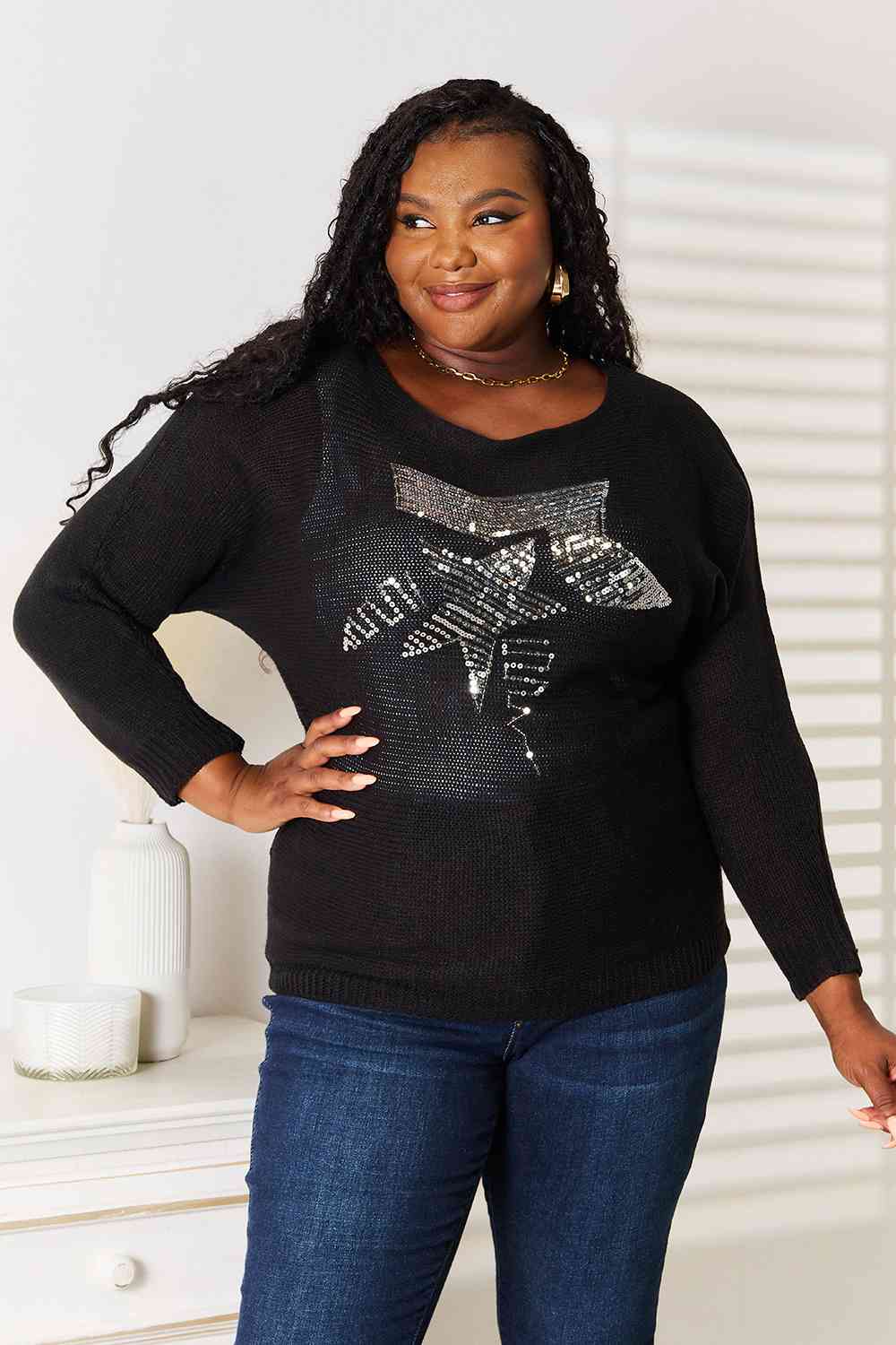Double Take Sequin Graphic Dolman Sleeve Knit Top *