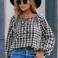 Plaid Tie Neck Balloon Sleeve Blouse