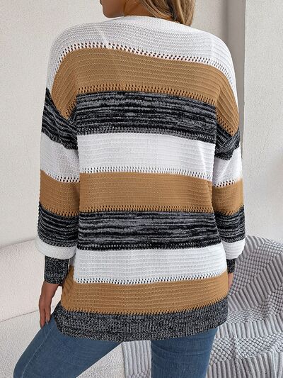 SocialBee Openwork Striped Open Front Cardigan