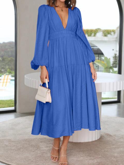 Cora Lea Deep V-Neck Balloon Sleeve Plain Maxi Dress