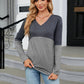 Full Size V-Neck Long Sleeve Two-Tone T-Shirt