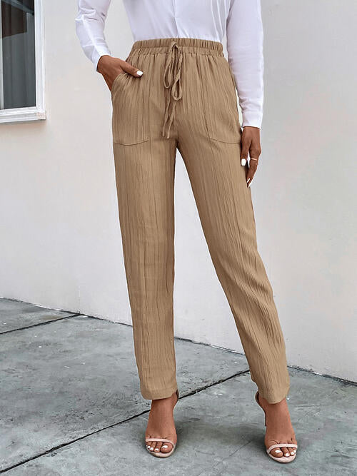 Texture Drawstring Tan Pants with Pockets