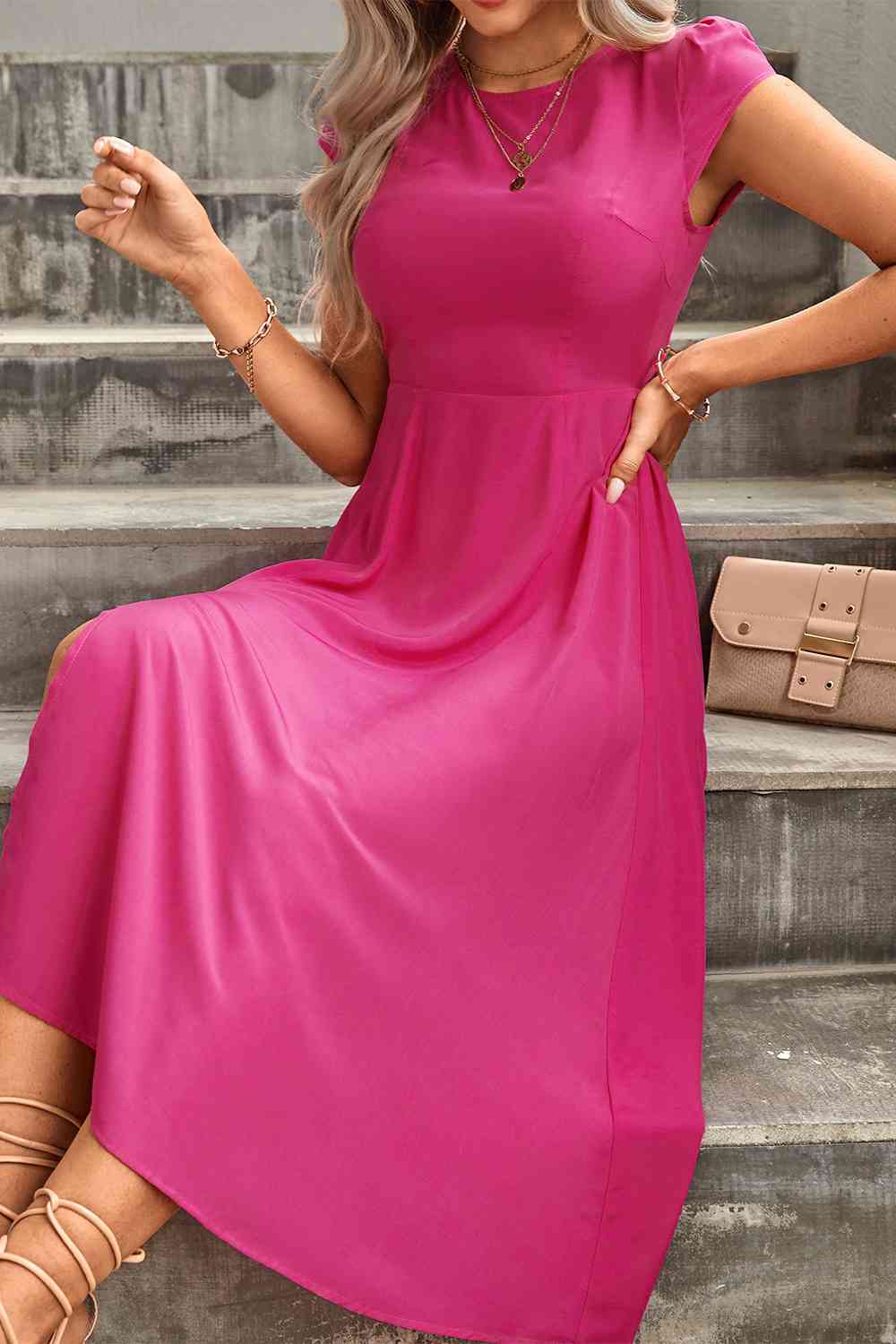 Tie Back Cutout Round Neck Split Hot Pink Dress