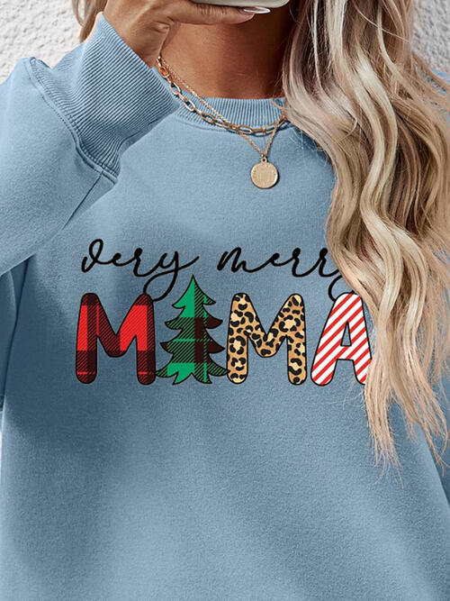 Christmas Themed VERY MERRY MAMA Letter Graphic Round Neck Long Sleeve Sweatshirt