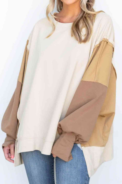 Color Block Exposed Seam Lantern Sleeve Khaki Sweatshirt