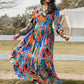 Printed Smocked Tie Neck Balloon Sleeve Maxi Dress