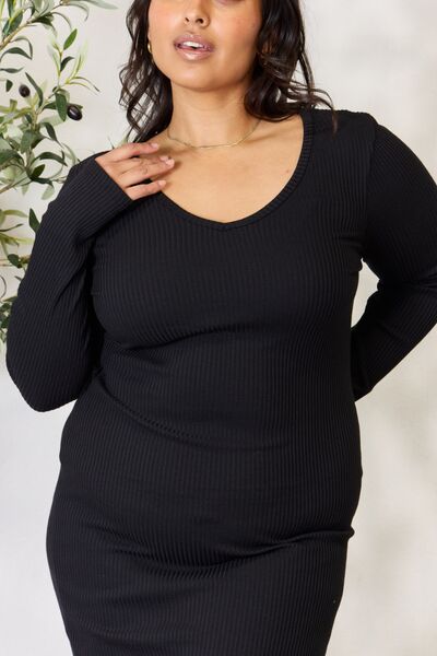 Culture Code Full Size Ribbed Long Sleeve Midi Slit Dress *