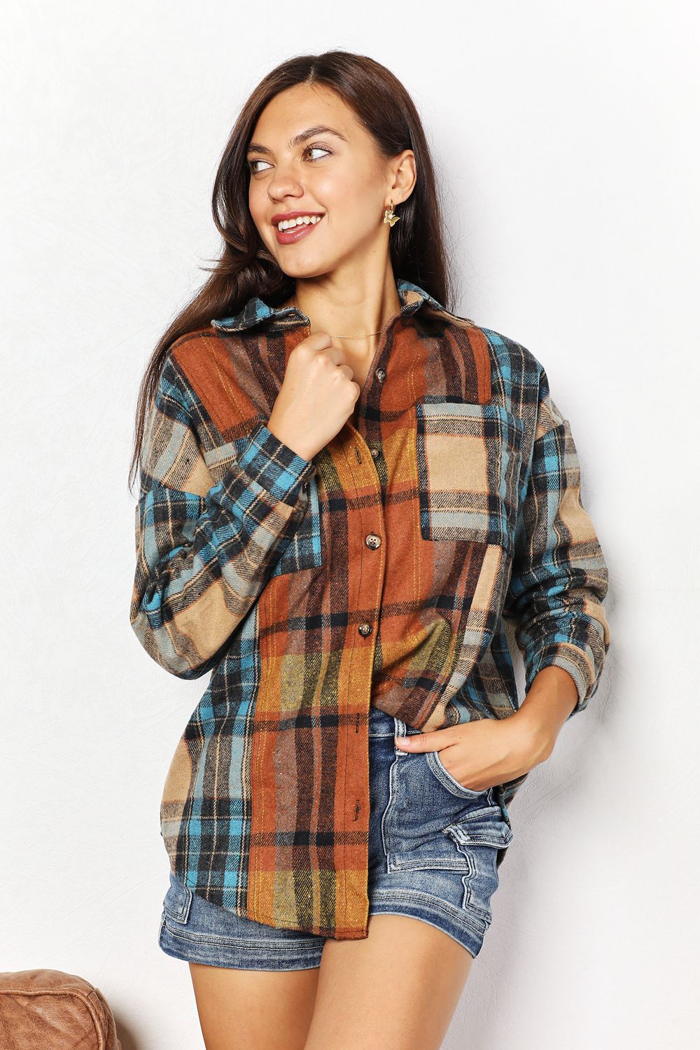 Double Take Full Size Plaid Curved Hem Shirt Jacket with Breast Pockets *