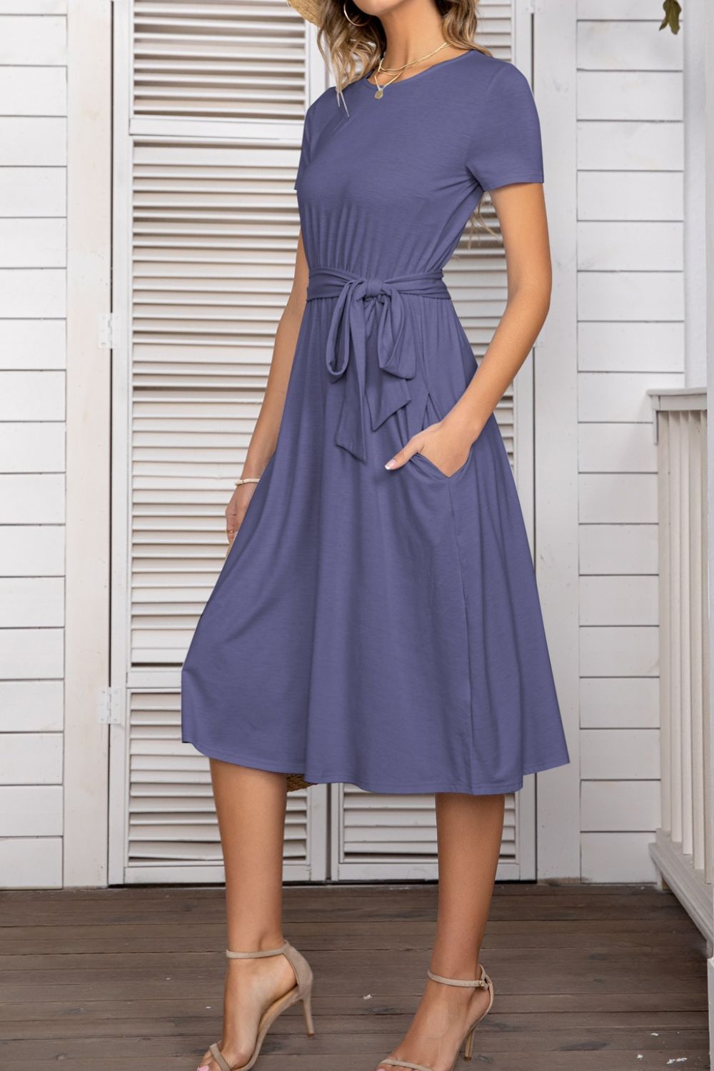 Full Size Belted Tee Dress With Pockets