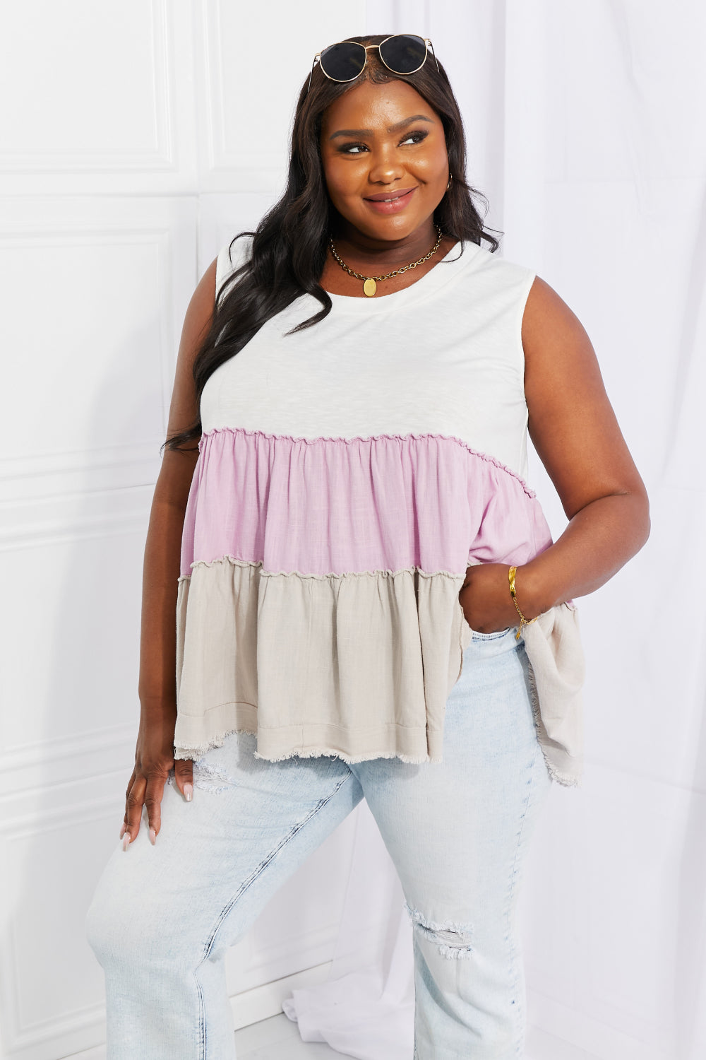 White Birch Full Size Watching the Sunset Color Block Baby doll Tank Top *