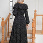 Polka Dot Tie Front Long Sleeve Slit Black Dress