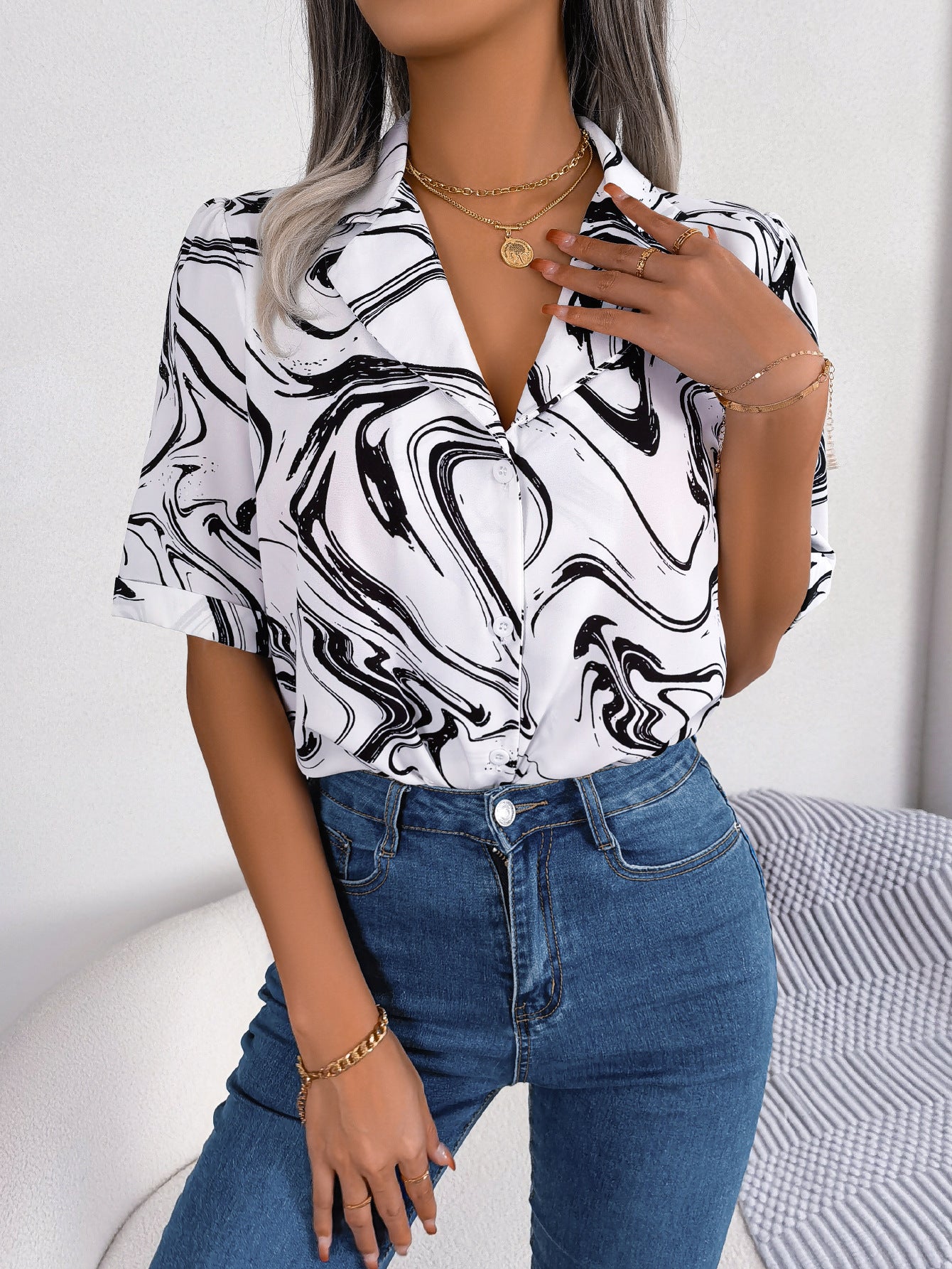 SoBeautiful Printed Lapel Collar Shirt