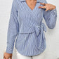 Bow Tie Waist Johnny Collar Neck Striped Blouse