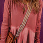 Burnt Coral Notched Neck Long Sleeve Slit Blouse