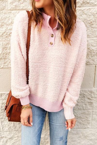 Adalyn Blush Pink Full Size Mock Neck Quarter Button Sweater