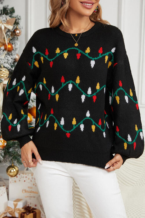 CHRISTMAS THEMED Round Neck Pattern Lantern Sleeve Sweater