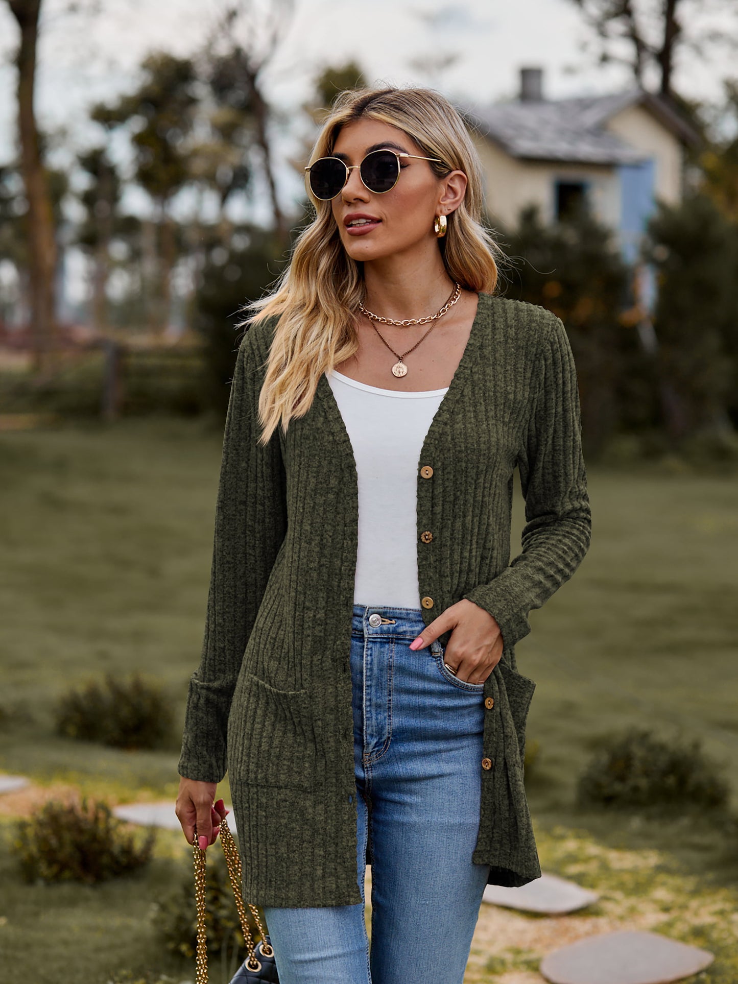 Full Size Ribbed Button-UP Cardigan with Pockets