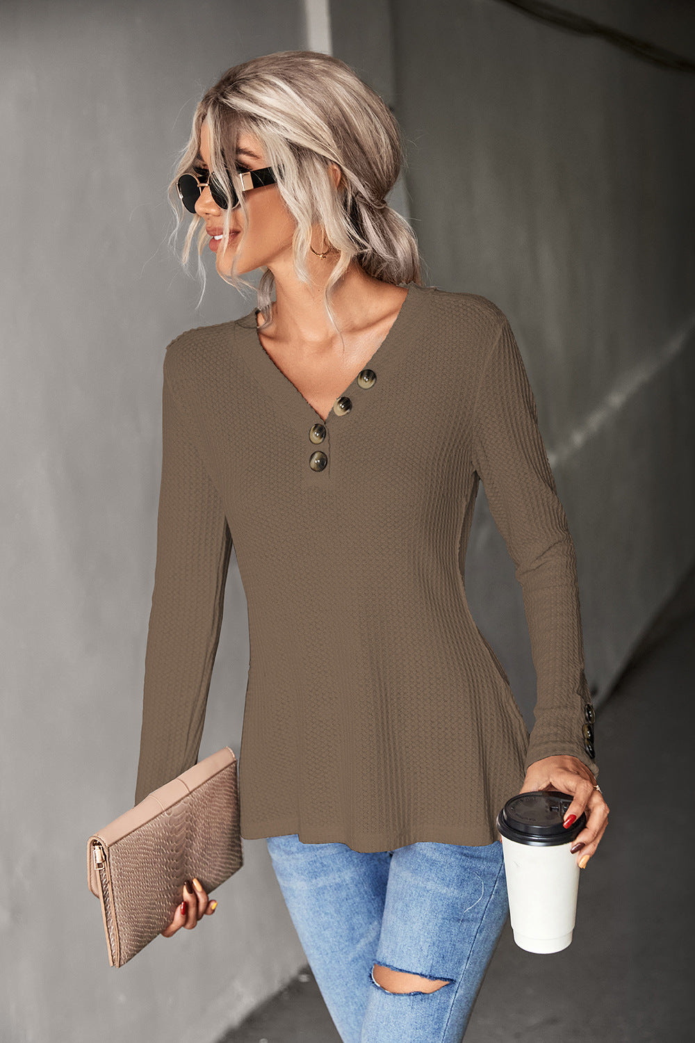 AuroraBlissX Waffle-Knit Button Detail V-Neck Top